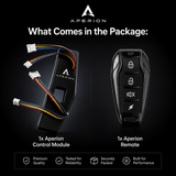 Aperion remote control package on a black background, showing the black control module with multicolored wiring and the black remote fob. Text reads 'What Comes in the Package:' and labels both components, with feature badges along the bottom.