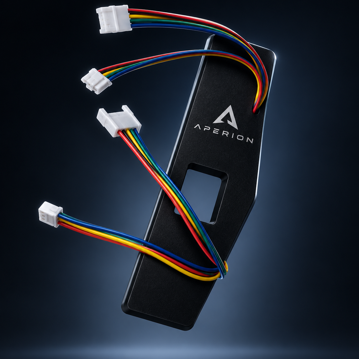 A black rectangular electronic module with white connector ends and multicolored wires, branded APERION, shown on a dark blue gradient background.